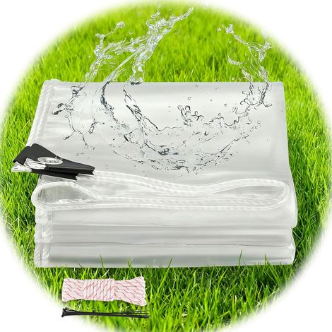 Bâche en Vinyle PVC 1.8 x 3m imperméable et Transparente avec Anneaux perforés, indéchirable, 320 g, Bords renforcés pour l'extérieur, bâche imperméable en Polyester (Blanc Clair) (1/5)