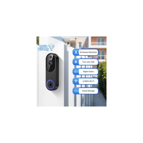 Sonnette vidéo sans fil, détection humaine par IA, vue en direct, vision nocturne, stockage en nuage, Wi-Fi, alimentation par batterie (1/5)
