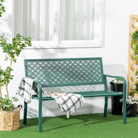 Banc de jardin 2 places – Moderne avec accoudoirs, dossier motif floral géométrique, cadre en acier thermolaqué, capacité 240 kg – Idéal pour terrasse et jardin – Vert foncé (1/4)