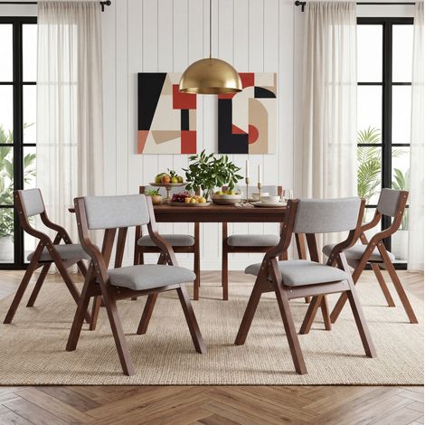Sedia da pranzo pieghevole set da 6, struttura in legno, seduta in lino grigio HAVRYA (1/5)