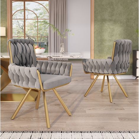 Esszimmerstuhl drehbar 2er-Set, Grau, aus Samt mit Armlehnen und Metallgestell,63x50x87cm (1/5)