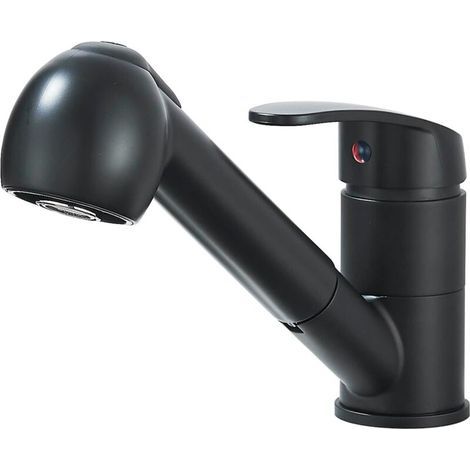 Robinet mitigeur de cuisine noir avec douchette extractible, levier unique, rotation à 360°, compatible avec un seul embout, 2 modes de jet, en laiton. (1/5)