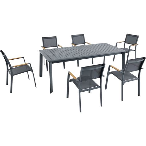 Sala da pranzo da giardino in alluminio: tavolo allungabile L.205/286.5 cm e 6 poltrone impilabili Antracite - MACILA di MYLIA