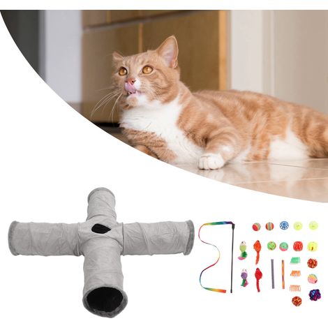 Jouets pour Chat - [Marque] - Modèle Tunnel Pliable - Set Interactif Complet avec Canne à Plumes, Souris et Balles en Polyester et Peluche, Coloré et Durable, Idéal pour Chatons et Chats Adultes (1/5)