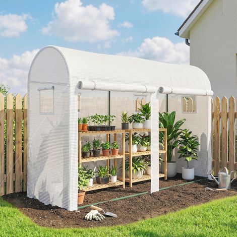 Invernadero de jardín, pequeño invernadero para balcón en lona de PE, estructura de acero, puertas y ventanas enrollables, 300 x 100 x 200 cm, blanco. (1/5)