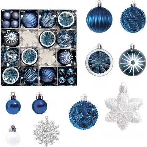 40 Pièces Boule de Noel Bleu et Blanc, 6CM,3CM Boules de Noël en Plastique avec Ornements Suspendus Incassables Boules Décorations (1/5)