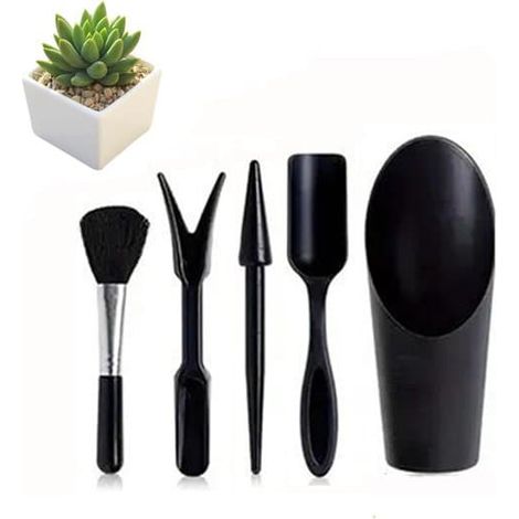 Ensemble d'outils 5 pièces pour la plantation de plantes succulentes, mini kit de jardinage comprenant pelle, brosse, pince à planter, perforatrice et seau à terreau - Noir (1/5)