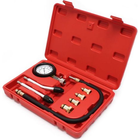 Wiltec 9-teiliges Kompressionsprüfgerät-Set - 0-21 bar / 0-300 PSI - mit Schläuchen und Adaptern - im Koffer - für Benzinmotoren von Pkw, Lkw und Motorrädern (1/4)