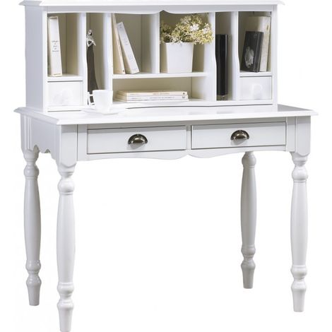 Beaux Meubles Pas Chers – Secrétaire blanc 100 cm – 2 tiroirs coulissants – Structure MDF et pieds en pin massif – Style anglais – Montage facile (1/5)