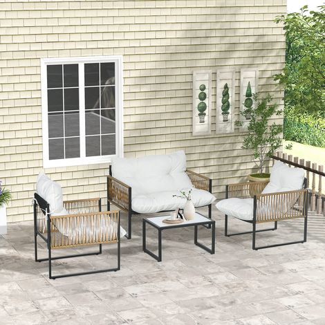 Ensemble salon de jardin 4 pièces canapé 2 places 2 fauteuils et 1 table basse plateau verre trempé 3 coussins - crème