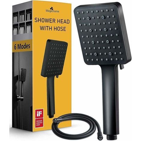 Pommeau de douche avec flexible de 1,5 m. Pommeau de douche carré noir haute pression. Pommeau de douche puissant de remplacement, réglable universellement. 6 jets. Noir. (1/5)