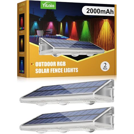 Lampes solaires de clôture extérieures, lampe murale solaire améliorée 2000 mAh, 7 couleurs et 8 modes d'éclairage, étanches IP67, lampes de clôture RGB pour mur arrière, marches, terrasse (1/5)