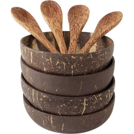 Ensemble de bols et cuillères en noix de coco, bols pour salades, smoothies, desserts, fruits, crèmes glacées et collations, idéal pour la cuisine et la salle à manger (4 pièces). (1/5)