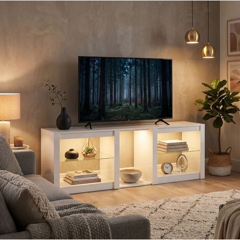 Meuble TV 160x35x52 cm en bois blanc, LED RGB, avec rangement pour salon FLORAGRACE (1/5)