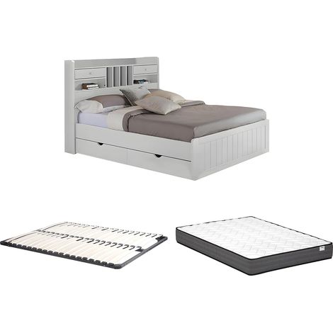 Letto con vani portaoggetti 140 x 190 cm Pino Bianco + Rete + Materasso - MEDERICK (1/5)
