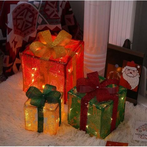 Lote de 3 cajas de regalo navideñas iluminadas, decoraciones de Navidad para interiores/exteriores, cajas de regalo con luces LED, decoraciones para árbol de Navidad E (1/5)