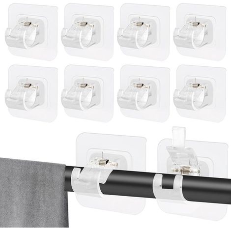 Paquete de 10 ganchos,6x6 cm,Ganchos para barra de cortina,Clips para barra de cortina,Soportes autoadhesivos,Clips sin taladrar (1/5)