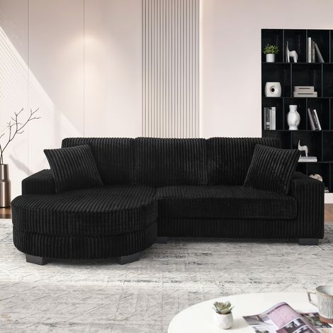 FloraGrace Canapé d angle modulable noir 256,5 x 133,5 x 89 cm, corduroy, hocker ovale réversible, 2 coussins (1/5)