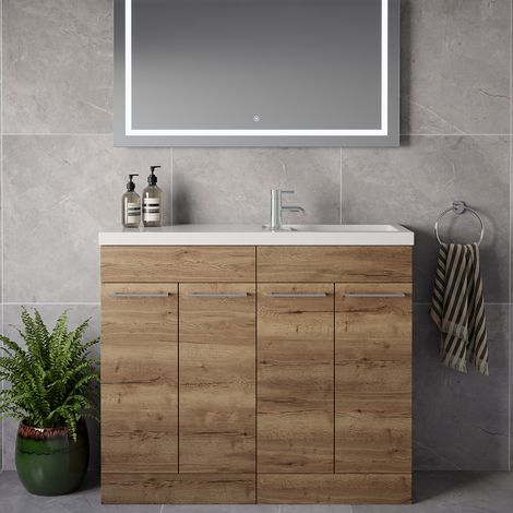 Napoli 250 Tobacco Oak 1000mm 4 Door Vanity Unit with Square Silvo Basin - 1000mm - Chrome 160mm Handle