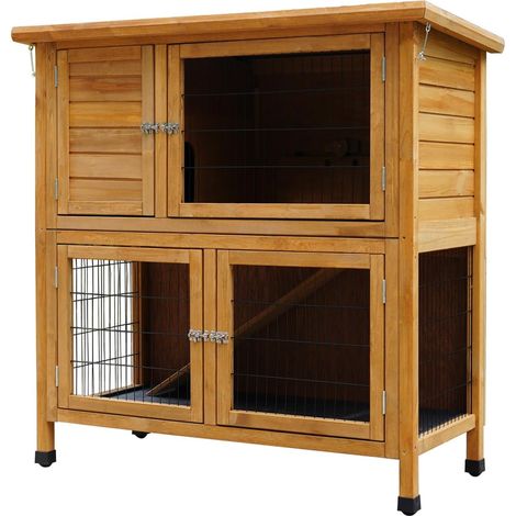 Clapier à lapin en bois à 2 étages avec grille métallique, cage d'extérieur résistante aux intempéries, plusieurs portes, toit amovible (1/5)
