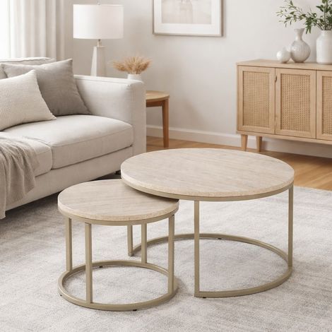 Tables basses gigognes rondes plateau travertin et pied beige Troie (1/3)
