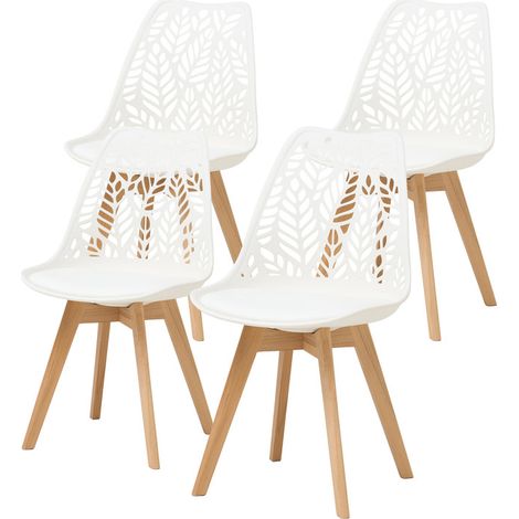Wokaka - Set di 4 sedie da pranzo design scandinavo - Schienale traforato a fogliame bianco - Gambe in legno di faggio