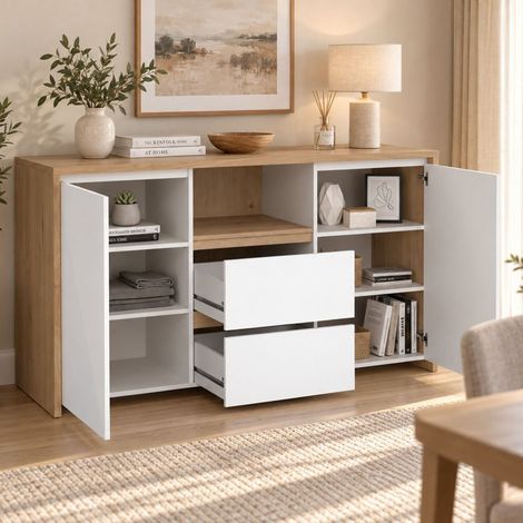 Dmora - Credenza Audrey, Buffet da soggiorno, Madia da salotto, Dispensa da cucina, 149x48 h84 cm, Rovere e Bianco lucido (1/5)