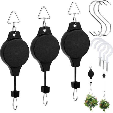 Lot de 3 crochets rétractables pour poulie de plantes réglables et résistants pour suspendre les paniers et mangeoire à oiseaux avec 3 crochets de plafond blancs (1/5)