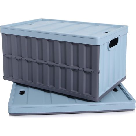 Lot de 2 Boîte rangement empilable en plastique de 64 L, avec couvercle, boite pliantes Pour usage domestique, camping en plein air, bureau, garage, rangement d'outils, bleu (1/5)
