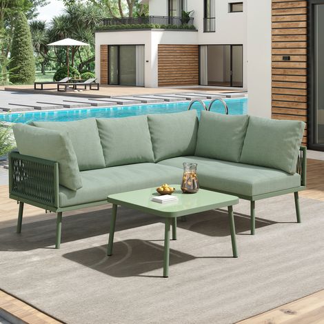 Salon de jardin, en fer, pour jardin et terrasse, 2 canapés + 1 table pieds réglables. Coussins d’assise inclus pour, ensemble convivial