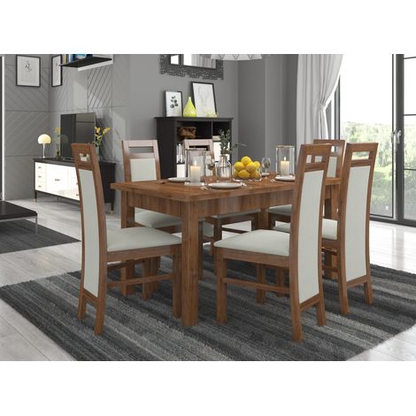 Ensemble table extensible 140-180cm et 6 chaises en bois marron et tissu gris clair Mouka (1/4)