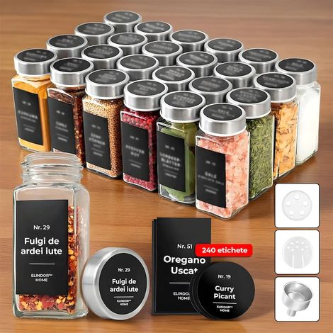 Set di 24 contenitori per spezie in vetro con coperchi in acciaio inox, con filtro, organizer da cucina, organizer per cassetti, barattoli da 120 ml, 2 tipi di etichette e imbuto in metallo, accessori (1/5)