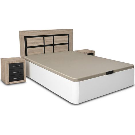 Pack Cama Canape Blanco 135cm + Cabecero y 2 Mesitas de Noche Cambria y Grafito