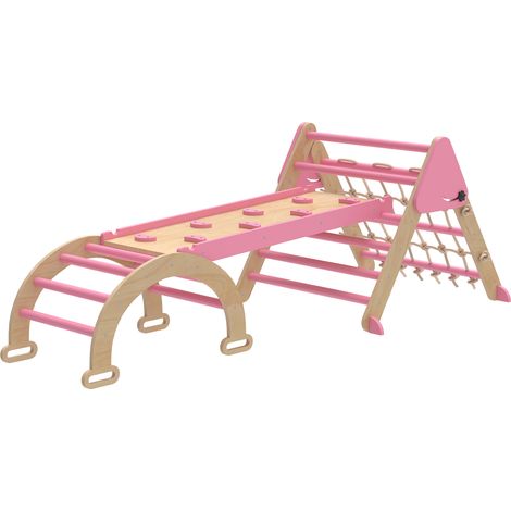 8-in-1 Kletterdreieck für Kinder mit doppelseitiger Rampe, Holzbogen, Rutsche und Leiter, Rosa