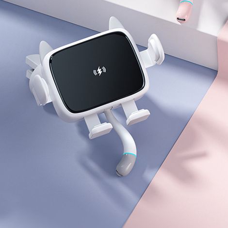 Chargeur de voiture sans fil 2 en 1 15 W avec support de téléphone portable et fixation automatique pour grille d'aération du tableau de bord (blanc). (1/4)