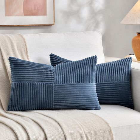 Set di 2 federe per cuscini in stile boho, 30x50 cm, blu, con motivo a croce, federe decorative in velluto a coste, federa accogliente, federa moderna per divano, camera da letto, sedia, letto (1/5)