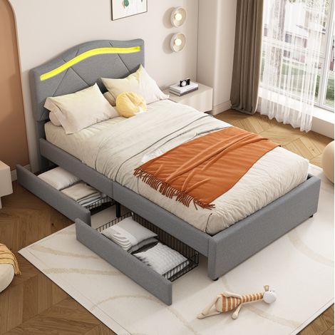 Lit avec tiroirs 90x200 cm avec 2 tiroirs et LED, tête de lit réglable, en lin, gris, sans matelas (1/5)