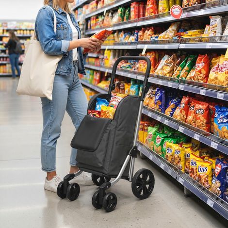 Chariot de courses pliable avec compartiment isotherme, 6 roues, 46 L, gris foncé (1/5)