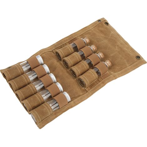 Faltbarer und tragbarer Gewürzbeutel mit 9 Gläsern, ideal für Camping, Grillabende und Picknicks. Farbe: Khaki. (1/5)