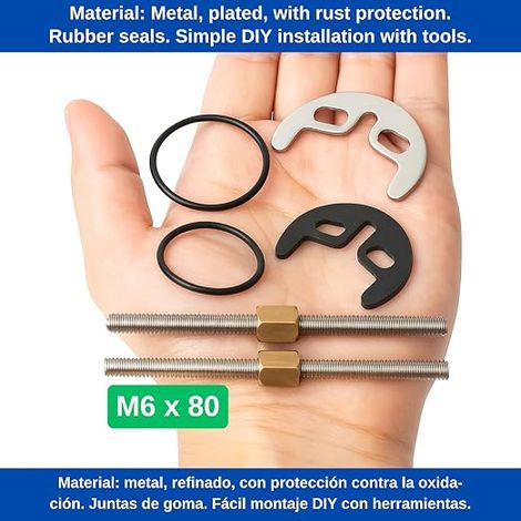 Basin and Sink Taps Screw-in System, Kit, with M6 80 mm Screws, Two Hole Mounting Kit for Tap Fixing, Including Horseshoe Mounting Plate, Nuts, Washer, Seal (1/4)