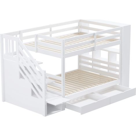 Letto a soppalco 90 x 200 cm con scala contenitore, cassetti e ripiani, pino, bianco (1/5)