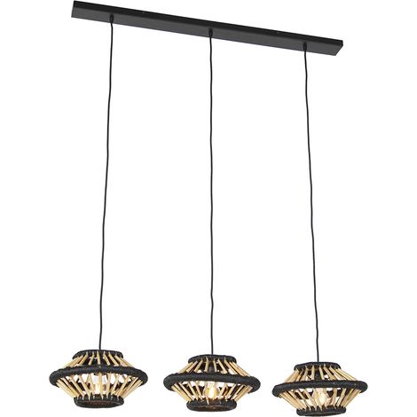 QAZQA Lampada a sospensione tavolo soggiorno evalin - Orientale - Acciaio,Bamboo - Nero/Legno - Tondo Max. 3 x Watt
