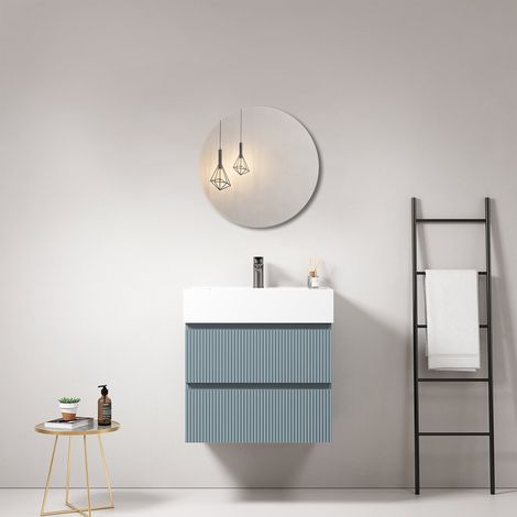 Mobile bagno sospeso cannettato 60 cm Blu Avio Lavabo in Resina Specchio Tondo - Fiji Paint