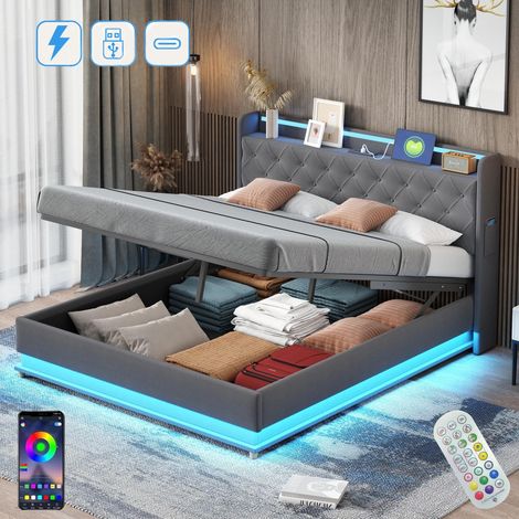 Letto contenitore capitonné 160x200 cm, con illuminazione LED, spazio di stoccaggio idraulico, funzione di ricarica USB tipo C, rete a doghe, letto matrimoniale in lino - Grigio