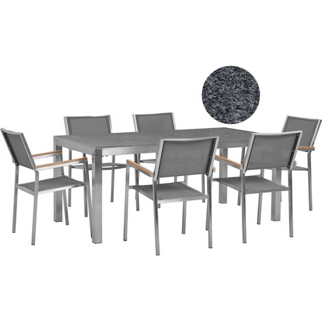 Conjunto de comedor de jardín gris con mesa 180 x 90 cm de granito gris 6 sillas de ratán Grosseto