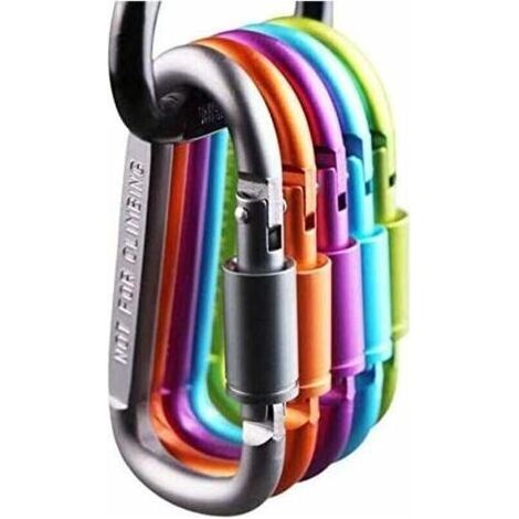 Lot de 6 mousquetons à anneau en D verrouillables en aluminium, accessoire pratique pour camping, voyage, pêche et randonnée (1/5)