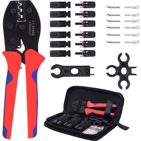 Set di 27 pinze crimpatrici per pannelli solari da 2,5/4,0/6,0 mm². Include cavo fotovoltaico maschio, pannello solare femmina, 1 pinza crimpatrice, 2 chiavi e un kit di pinze crimpatrici. (1/5)