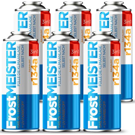 FrostMEISTER 3en1 400ml – 6 canettes GAZ R134a pour climatisation – Remplissage rapide et facile – Protège le système et colmate les fuites