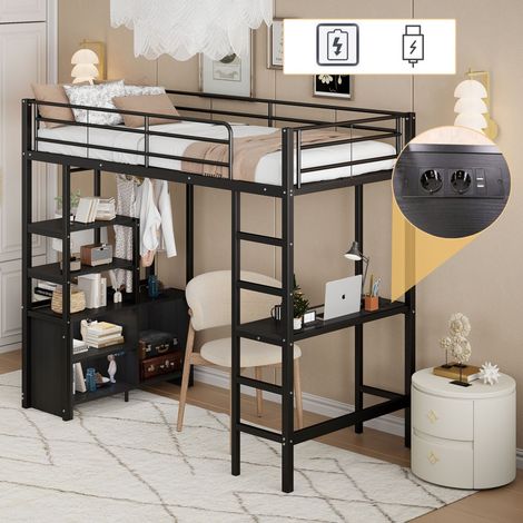 Lit Mezzanine 90x200cm - Lit Enfant avec Bureau Intégré avec Prises USB - Étagères de Rangement - Structure Métal - Noir (1/5)