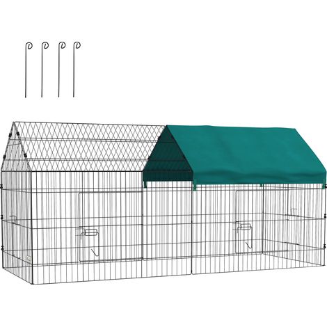 Außengehege für Kleintiere mit Dach, 4 Türen, wetterfest, Stahl/Polyester, 220 x 85 x 103 cm, grün/schwarz